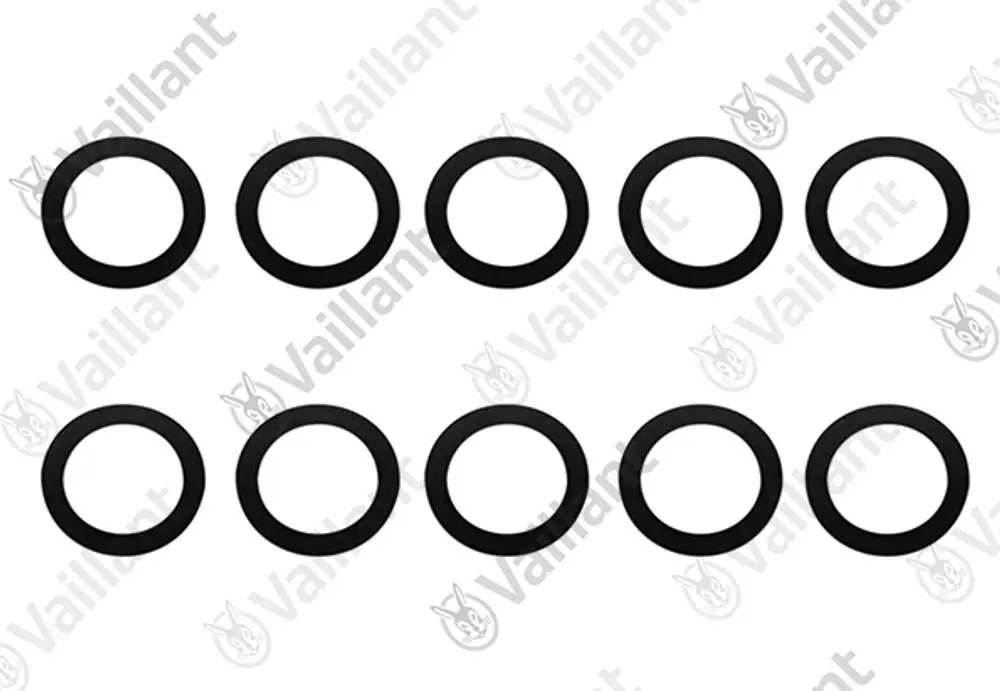 Zeichnung von zehn schwarzen O-Ringen in zwei Reihen angeordnet, mit dem Logo von Vaillant im Hintergrund.